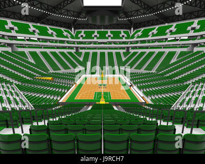 3D render of beautiful sports arena for basketball with floodlights , VIP boxes and green seats for twenty thousand fans Stock Photo