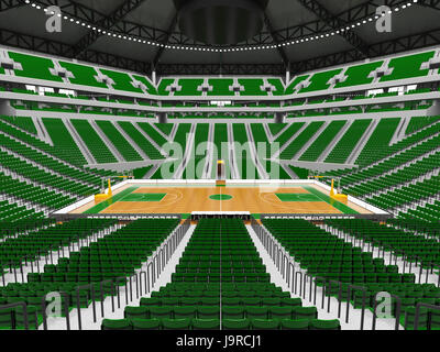 3D render of beautiful sports arena for basketball with floodlights , VIP boxes and green seats for twenty thousand fans Stock Photo