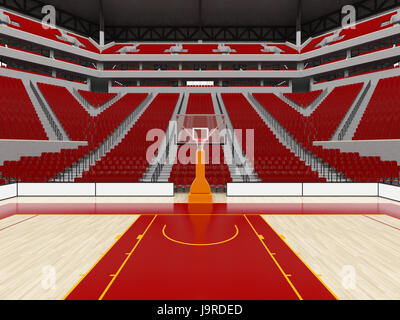3D render of beautiful sports arena for basketball with floodlights , VIP boxes and red seats for twenty thousand fans Stock Photo