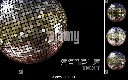 collection of dicoballs isolated on black background and retro party background sample whith disco ball, in vector format only solid colors Stock Vector