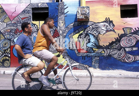Cuba,Havana,Callejon de muttons,house facade,paints,cyclists,at the side,no model release,Central America,La Habana,cultural fourth,house,facade,painting,facade painting,art,culture,place of interest,destination,tourism,men,bicycle,drive,together,outside, Stock Photo