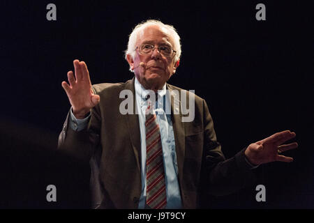 London, UK. 2nd June, 2017. Bernie Sanders, the US Senator from Vermont who ran against Hillary Clinton for the Democratic Party's 2016 Presidential nomination, answers audience questions during an event at the O2 Academy in Brixton to launch the paperback edition of his best-selling book ‘Our Revolution: A Future To Believe In'. Our Revolution is also the name of a political organisation formed by Bernie Sanders in 2016 to educate voters about issues, to involve them in the political process and to organise to have elected to office progressive candidates. Stock Photo