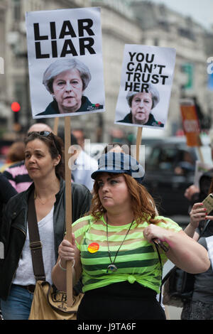 London, UK. 2nd June, 2017. Activists from the People's Assembly protest outside Broadcasting House during the broadcast of the Chart Show against the BBC's refusal to play on the radio a song by Captain Ska about Prime Minister Theresa May called 'Liar Liar'.  The BBC is refusing to play the song on the grounds that it must remain impartial during a general election campaign. Credit: Mark Kerrison/Alamy Live News Stock Photo