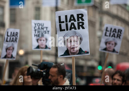 London, UK. 2nd June, 2017. Activists from the People's Assembly protest outside Broadcasting House during the broadcast of the Chart Show against the BBC's refusal to play on the radio a song by Captain Ska about Prime Minister Theresa May called 'Liar Liar'.  The BBC is refusing to play the song on the grounds that it must remain impartial during a general election campaign. Credit: Mark Kerrison/Alamy Live News Stock Photo