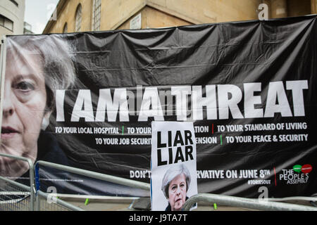 London, UK. 2nd June, 2017. Activists from the People's Assembly protest outside Broadcasting House during the broadcast of the Chart Show against the BBC's refusal to play on the radio a song by Captain Ska about Prime Minister Theresa May called 'Liar Liar'.  The BBC is refusing to play the song on the grounds that it must remain impartial during a general election campaign. Credit: Mark Kerrison/Alamy Live News Stock Photo