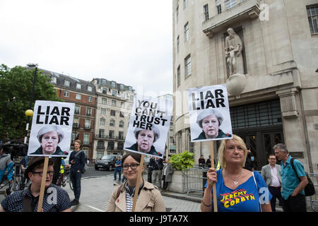 London, UK. 2nd June, 2017. Activists from the People's Assembly protest outside Broadcasting House during the broadcast of the Chart Show against the BBC's refusal to play on the radio a song by Captain Ska about Prime Minister Theresa May called 'Liar Liar'.  The BBC is refusing to play the song on the grounds that it must remain impartial during a general election campaign. Credit: Mark Kerrison/Alamy Live News Stock Photo