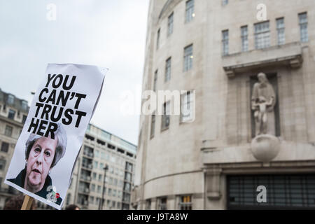 London, UK. 2nd June, 2017. Activists from the People's Assembly protest outside Broadcasting House during the broadcast of the Chart Show against the BBC's refusal to play on the radio a song by Captain Ska about Prime Minister Theresa May called 'Liar Liar'.  The BBC is refusing to play the song on the grounds that it must remain impartial during a general election campaign. Credit: Mark Kerrison/Alamy Live News Stock Photo