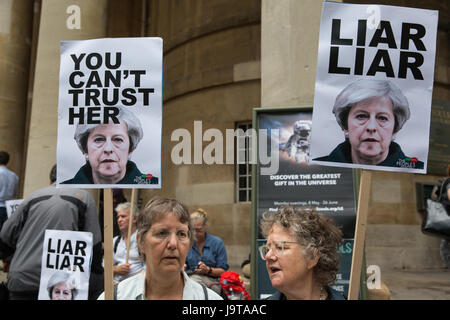 London, UK. 2nd June, 2017. Activists from the People's Assembly protest outside Broadcasting House during the broadcast of the Chart Show against the BBC's refusal to play on the radio a song by Captain Ska about Prime Minister Theresa May called 'Liar Liar'.  The BBC is refusing to play the song on the grounds that it must remain impartial during a general election campaign. Credit: Mark Kerrison/Alamy Live News Stock Photo