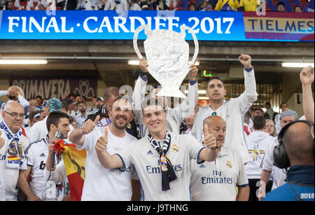 Cardiff, Wales, UK. 3rd June, 2017. Real Madrid fans in full voice ahead of the UEFA Champions League Final between Juventus and Real Madrid CF at the National Stadium of Wales in Cardiff this evening. Credit: Phil Rees/Alamy Live News Stock Photo