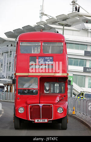 Epsom Downs, Surrey, UK. 3rd June 2017. Traditional double decker bus taking people to and from the station on Derby Day at Epsom Downs in Surrey. Stock Photo