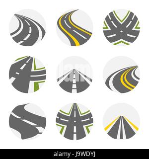 Curving Road Vector Set. Roads Logo Set In Grey Colour With Isolated Curvy Suburban Roads Images With Fork Turns Stock Vector
