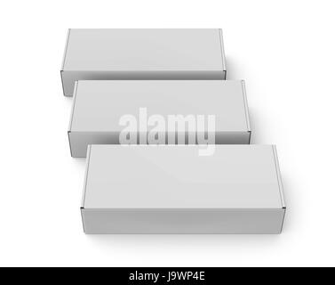 three blank 3d rendering roll end tuck top boxes, isolated white background Stock Photo