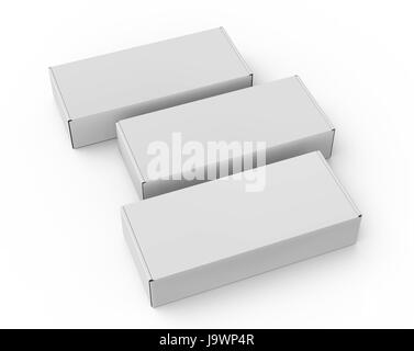 three blank 3d rendering roll end tuck top boxes, isolated white background Stock Photo