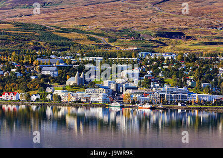 View from the east over the fjord Eyjafjörður to Akureyri, Iceland Stock Photo