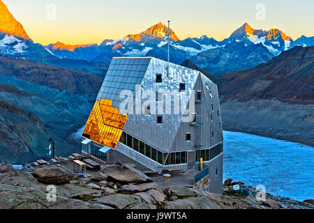 Dawn at the Monte Rosa Hut, at back Gorner Glacier, Zermatt, Valais, Switzerland Stock Photo