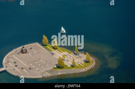 Lake Phoenix, island with sailboat, Dortmund, Ruhr area, North Rhine-Westphalia, Germany Stock Photo