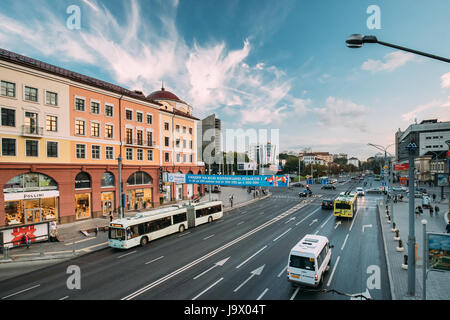 Minsk, Belarus - September 2, 2016: Public Transport In Traffic On Nemiga Street.  Trolley-buses And Urban Taxis Minibuses Stock Photo