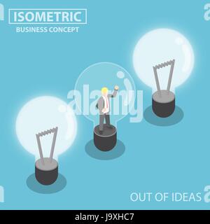 Flat 3d Isometric Business Trapping Inside Broken Light Bulb,  Out of Ideas Concept Stock Vector