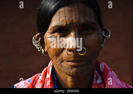 Indian Kutia Kondh tribal woman at a weekly market with the traditional ...