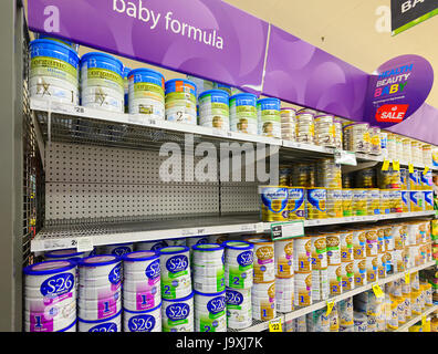Partially empty shelves of Baby Formula for sale in a supermarket, New South Wales, NSW, Australia Stock Photo