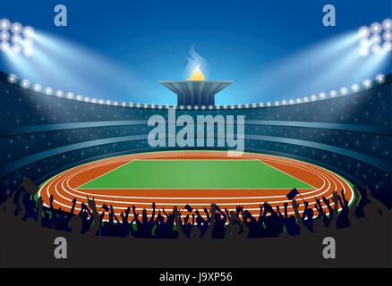 Excited Crowd of People at Athletics Stadium. Athletics Arena. Ceremony Event Athletes on Torch Background. Vector Illustration Stock Vector