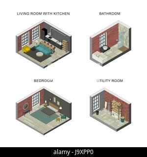 Interiors set in isometric views Stock Vector