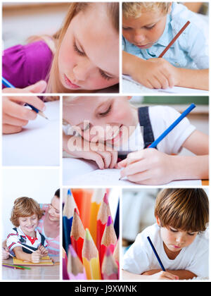 Collage of cute children coloring with pencils Stock Photo