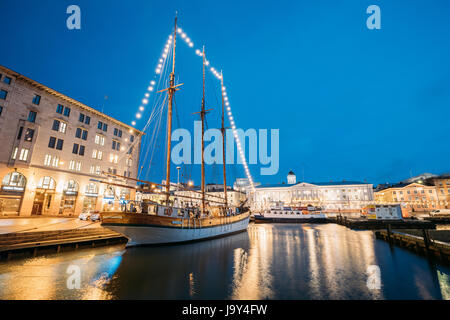 Helsinki, Finland - December 9, 2016: Old Wooden Sailing Vessel Ship Schooner Is Moored To The City Pier, Jetty. Unusual Cafe Restaurant In City Cente Stock Photo