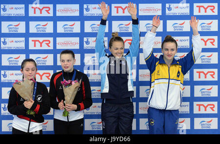 Tonia Couch and Lois Toulson take the gold medal over Tanya Watson and Lucy Hawkins in the women 10m Syncro during the British Diving Championships at the Royal Commonwealth Pool, Edinburgh. Stock Photo