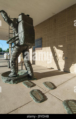 Bronze statue of astronaut Eugene Cernan walking on the moon, Kansas Cosmosphere and Space Center, Hutchinson, Kansas.