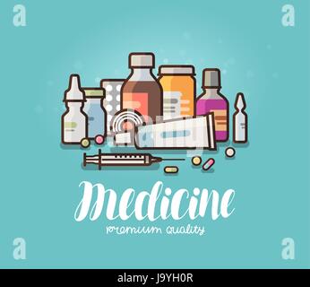 Modern medicine, pharmacy banner. Medication, pills, bottles, pharmaceutics concept. Cartoon vector illustration Stock Vector