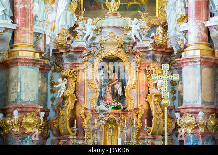 Steingaden, Germany - June 5, 2016: Altar with Jesus. Interior of Pilgrimage Church of Wies. It is an oval rococo church, designed in the late 1740s b Stock Photo