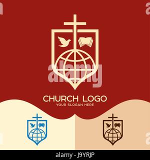 Church logo. Cristian symbols. Cross of Jesus, the Bible, the dove and the globe Stock Vector