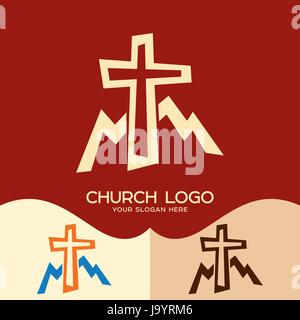 Church logo. Cristian symbols. Cross of Jesus and mountains Stock Vector
