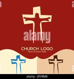 Church logo. Cristian symbols. Jesus Christ in the background of the cross Stock Vector
