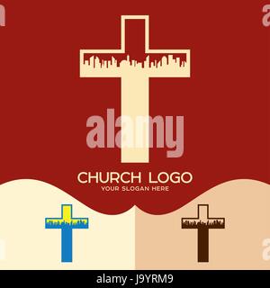 Church logo. Cristian symbols. The cross of Jesus and the city Stock Vector