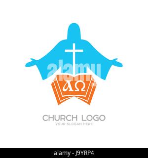 Church logo. Cristian symbols. Jesus Christ, the bible and the letters alpha and omega Stock Vector
