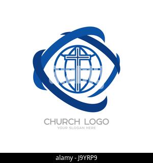 Church logo. Cristian symbols. The Cross of Jesus and the Globe Stock Vector