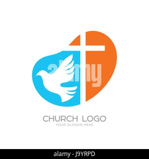 Church logo. Cristian symbols. The cross of Jesus and the dove Stock Vector