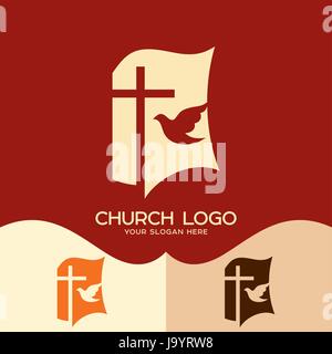 Church logo. Cristian symbols. Cross of Jesus, open bible and pigeon Stock Vector