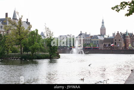 Panorama.of  Hofvijver Pond, Buitenhof, Den Haag, Netherlands.Dutch parliament buildings. Looking south towards Grote Kerk Church and inner city. Stock Photo