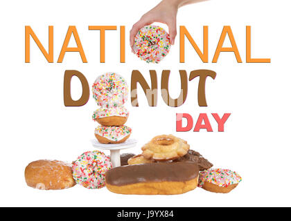 Variety of Donuts isolated on white background, National Donut Day in June and November. Hand holding donut for O in National and stacked donut for O  Stock Photo