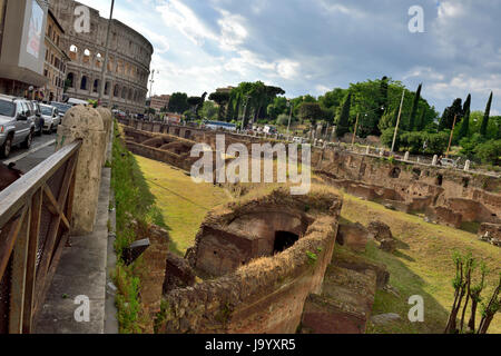 Ludus Magnus archaeological site or The Great Gladiatorial Training School just outside the colosseum in Rome, Built by the emperor Domitian (81-96 AD Stock Photo