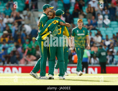 South Africa's Imran Tahir celebrates after the ICC Champions Trophy, Group B match at The Oval, London. Stock Photo