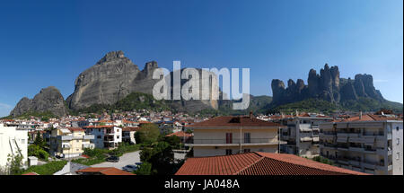 Panoramic view of Kalabaka, Greece with the monolith rocks of Meteora in background Stock Photo