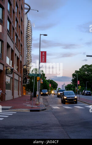 Aloft Hotel on Hillsborough Street at dusk on campus of North Carolina State University, Raleigh, USA Stock Photo