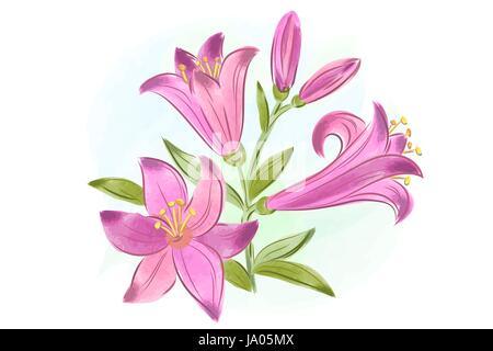 Vector illustration of  beautiful gift card with pink watercolor lilies Stock Vector
