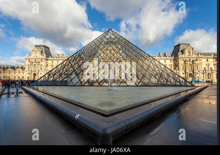 The Louvre Palace, art gallery, Museum and Louvre Pyramid (Pyramide du Louvre), designed by Chinese-American architect I.M. Pei in 1989, Paris, France Stock Photo