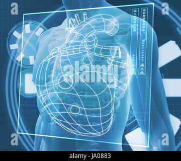Blue digital body against a blue digital background with heart diagram Stock Photo