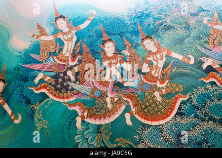 Traditional thai style painting image on the wall temple is can meet general public places in Thailand Stock Photo